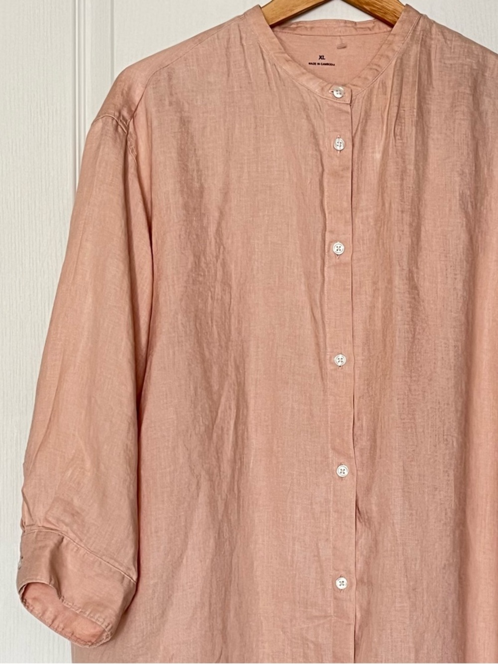 MUJI 100% Hemp Band Collar Tunic Peach Pink 7-Sleeve Shirt XL Coastal Grandma - Picture 8 of 14
